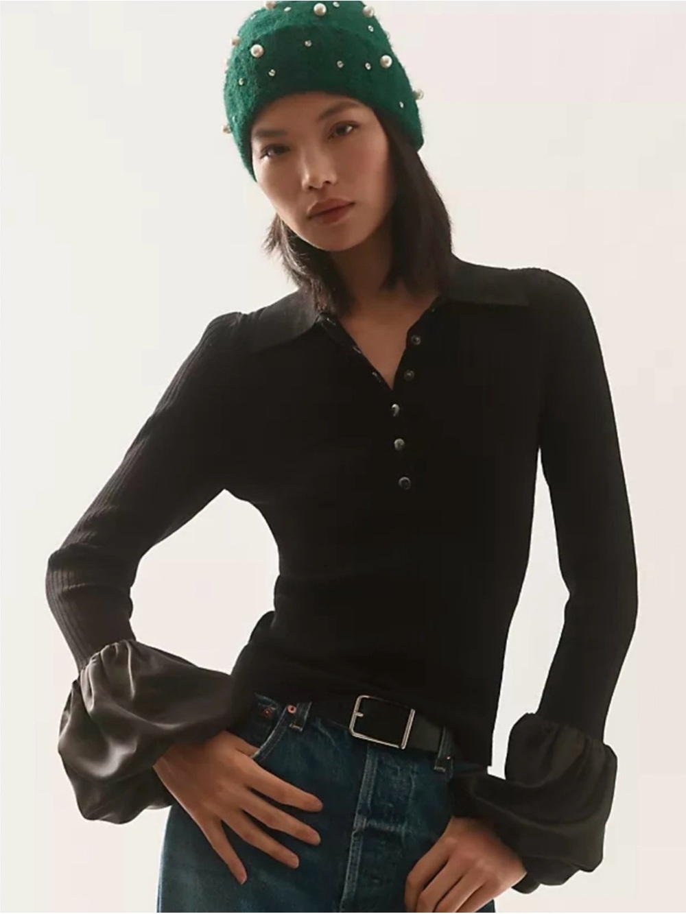Maeve Satin-Cuff Polo Ribbed Sweater Black Size Small